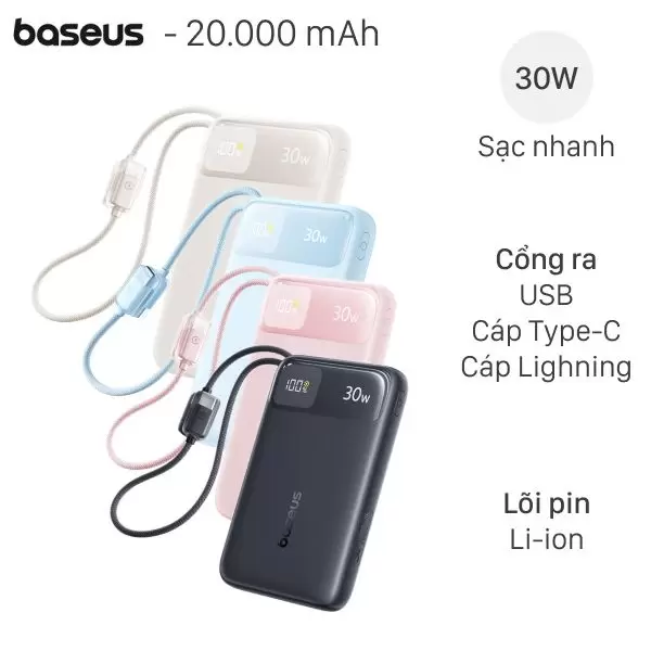 Pin sạc dự phòng 20000mAh Type C PD QC 3.0 30W Baseus Comet Pro E0027Y kèm Cáp Lightning và Type C