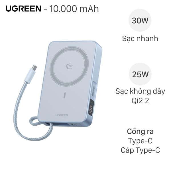Pin sạc dự phòng Polymer Không dây Magnetic Qi2.2 Type C PD 30W Ugreen PB773 kèm Cáp Type C